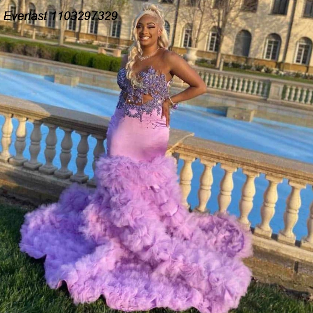 EVLAST Customized Lavender Ruffles Prom Dress For Black Girls Diamond Rhinestone Beaded Mermaid Formal Party Gala Gown TPD123