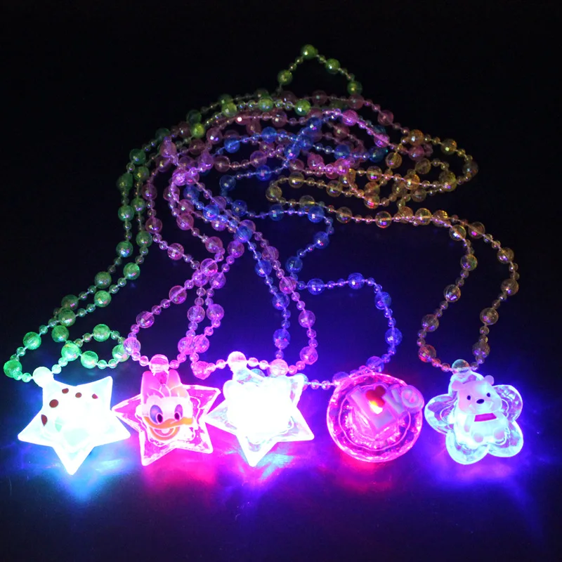 Girls Princess Light Up Necklace Led Flashing Acrylic Beads Pendant Toys Children's Birthday Party Props Pendant Necklace Gift