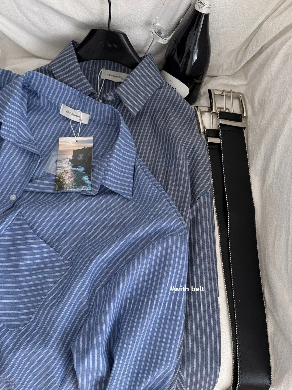 

Ele Commuter Long Sve Women's irt Striped Open Cardigan Design Sense Faionable Belted Top Polyester Fiber Straight...