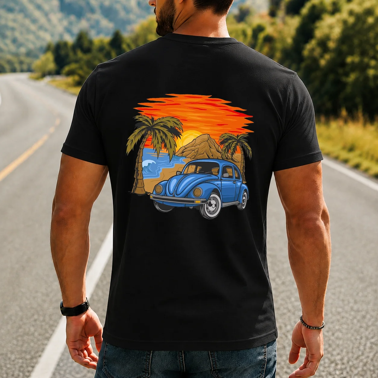 Blue Beetle car, beach, sunset, and palm tree graphic T-shirt—perfect for outdoor street style and casual wear.