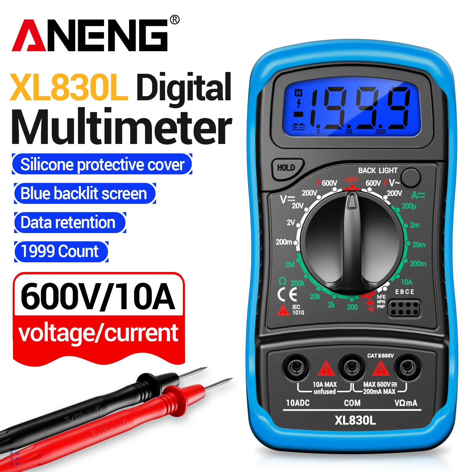 Multímetro ANENG XL830L-1 em ABS e Silicone, 1999 Contagens, Testador de Voltagem AC/DC, Ohm, Diodo, HFE, Luz de Fundo, Alarme Sonoro, Retenção de Dados, Lembrete de Bateria Fraca