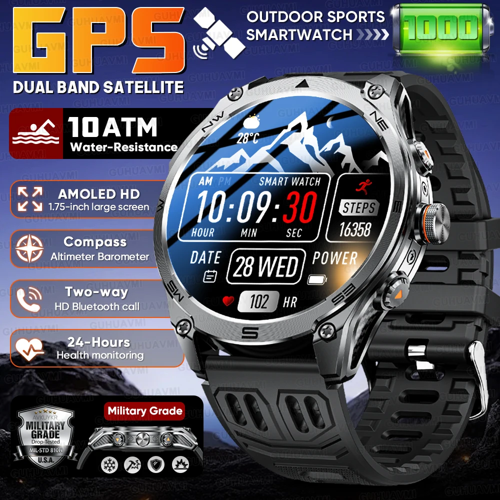 

2026 New Outdoors 1000mAh Battery Sports SmartWatch 1.75" AMOLED Screen Built-in GPS 10ATM Waterproof Compass BT Call Smartwatch
