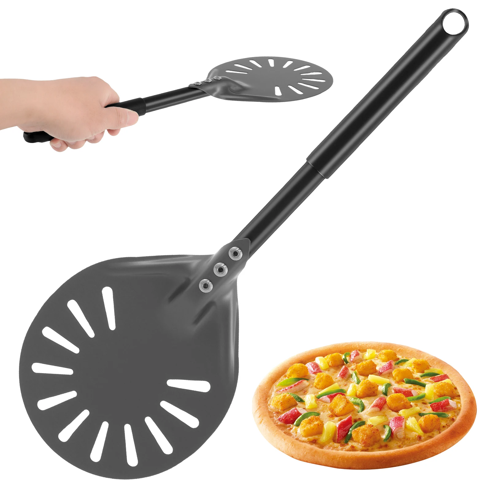 Pizza Turning Peel with Long Handle Aluminum Pizza Peel Spinner Perforated Pizza Turner Spinner Non-Stick Pizza Paddle for Home