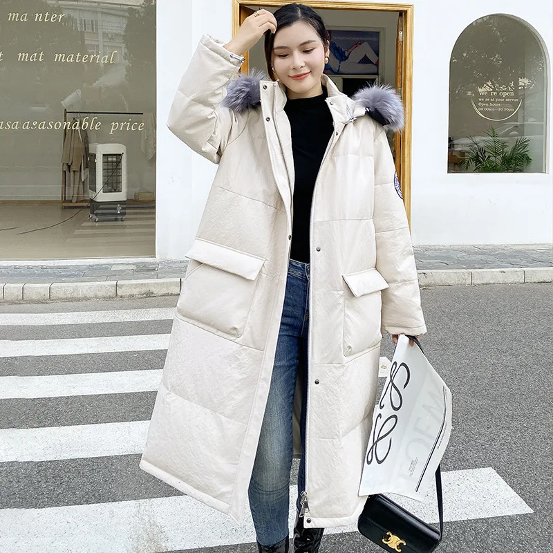 2023 Promotion  winter new sheep leather coat Down jacket women's long raccoon dog fur collar hoodie detachable