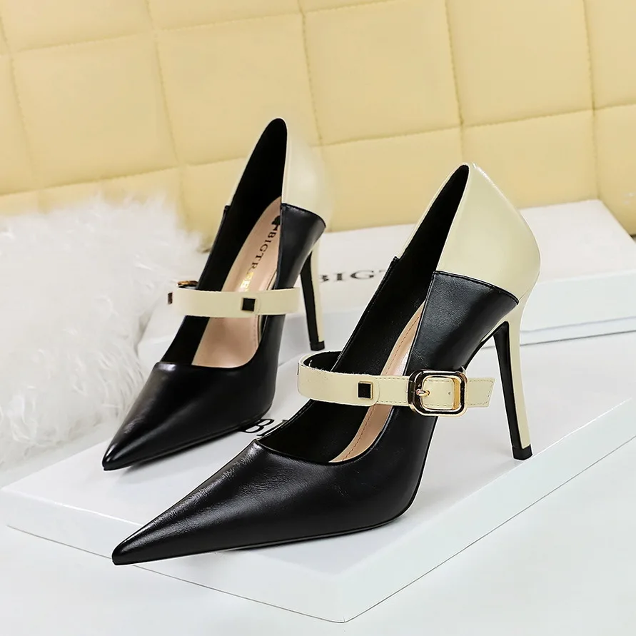 Women Pumps Shoes Wind Slim Heels Shallow Mouth Pointed Toe Color Block Straight Line Women's Single туфли туфли женские  Shoese