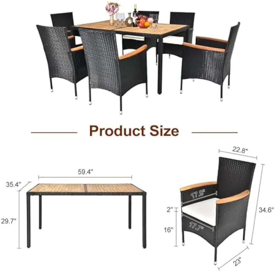 7 Stuks Patio Dineren Set, Rieten Buiten Dineren Voor 6 Patio Meubelen Set W/Acacia Houten Tafel Buiten Tafel & Stoelen Voor Tuin