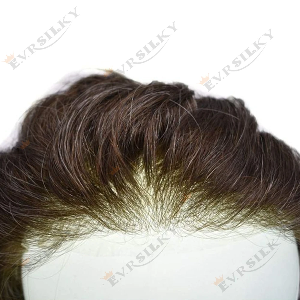 

80%Density Undetectable Ultra Thin Skin 0.02mm Natural Hairline Dark Brown MenToupee Black Grey 1B30 Human Hair System Remy Hair