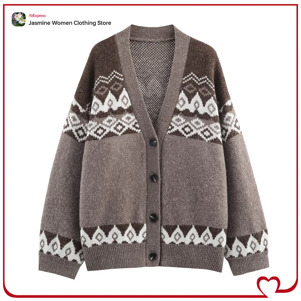 

Autumn Vintage Brushed Effect Jacquard Knit Cardigan for Women Elegant Multicoloured V-neck Knitwear with Front Button Fastening