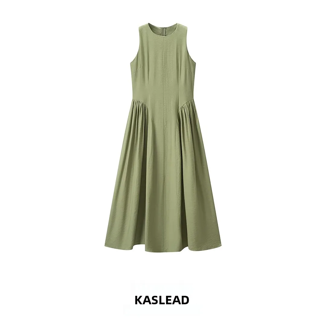 KASLEAD New Women's Long Dress round Neck Slimming A-Line Skirt Polyester Fiber Sleeveless Casual Style Autumn Collection