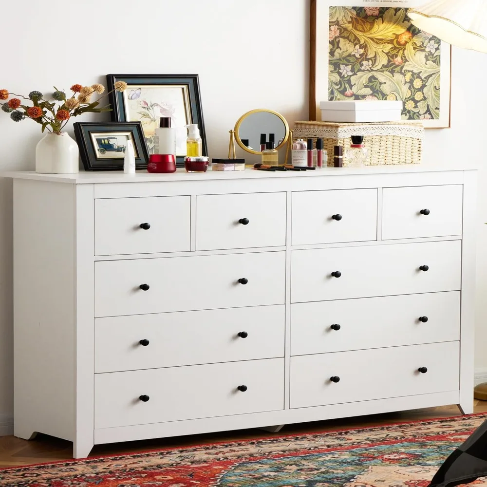 

White Dresser, Dresser for Bedroom with 10 Deep Drawers Wood Dresser with Smooth Metal Rail, Large Dressers & Chests of