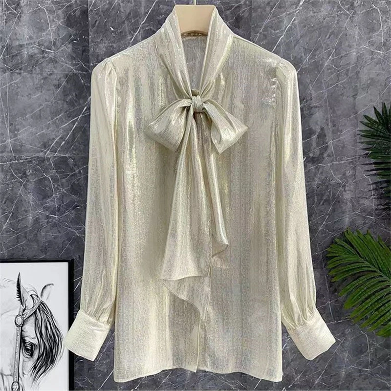 French Style Bow Tie Ribbon Silk Shirts Summer Loose Long Sleeve Women Blouse Office Lady Clothes female Blusas