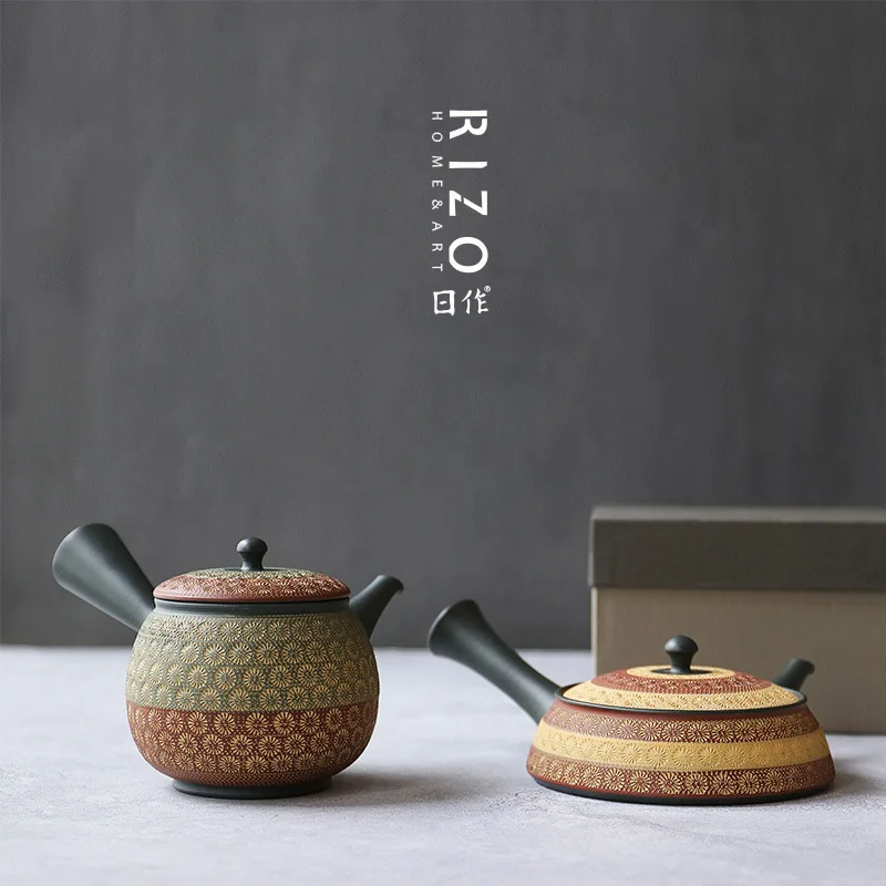 Japan Imported Normal-Slip Burning Hui Zhi Kiln Flat Embossing Side Handle Flat Urgent Need Teapot