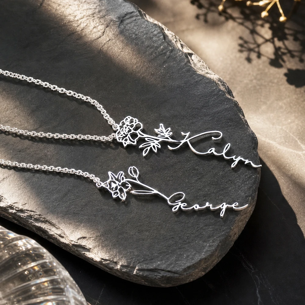 Women's Custom Name Birth Flower Necklace, Personalised Gift