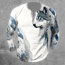 Spring Wolf Henley Shirts Animal 3D Print Streetwear Men's Casual Fashion Button-Down Long Sleeve T Shirt Man Tees Tops Clothing