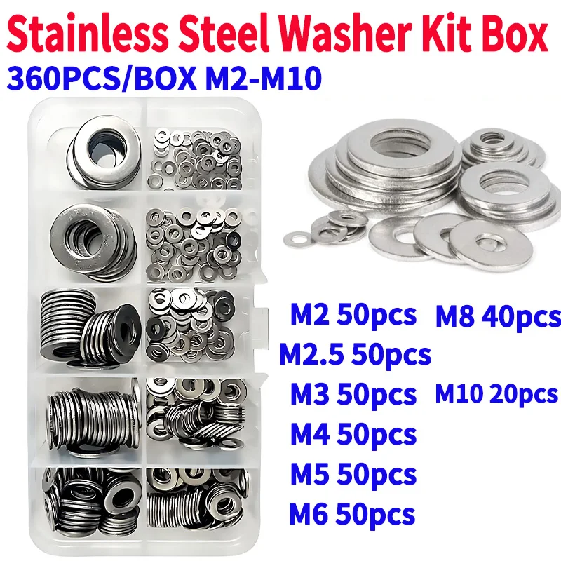 360pcs/Box Stainless Steel Washer Set M2 M2.5 M3 M4 M5 M6 M8 M10 Washer Flat Washers Ring Plain Washer Gaskets Assortment Kit