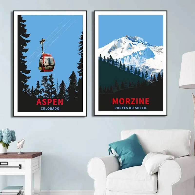 Snowboard Ski Snow Mountain Ski Lift Canvas Painting France Norway Poster Nordic HD Prints for Living Room Wall Art Home Decor