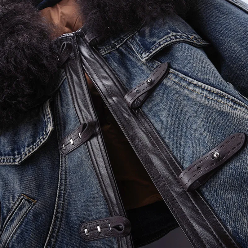 

Winter New Fashion Lambswool Lapel Thick Warm Down Liner Denim Jacket Light Blue Dark Blue Loose Casual Female Jeans Jacket Coat