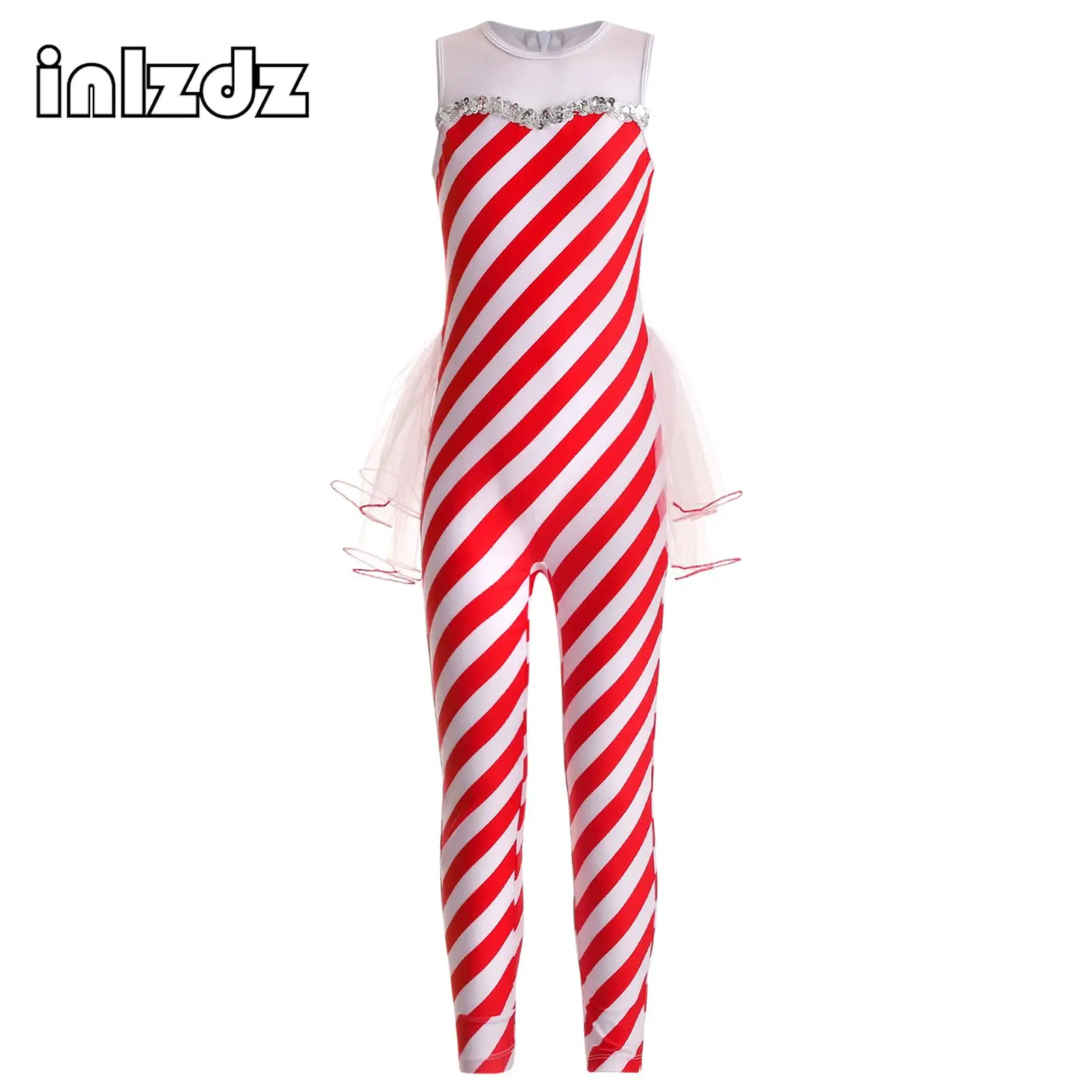 Kids Girls Christmas Jumpsuit Ballet Gymnastics Leotard Sequin Candy Cane Striped Sequins Bodysuit Dance Performance Outfits