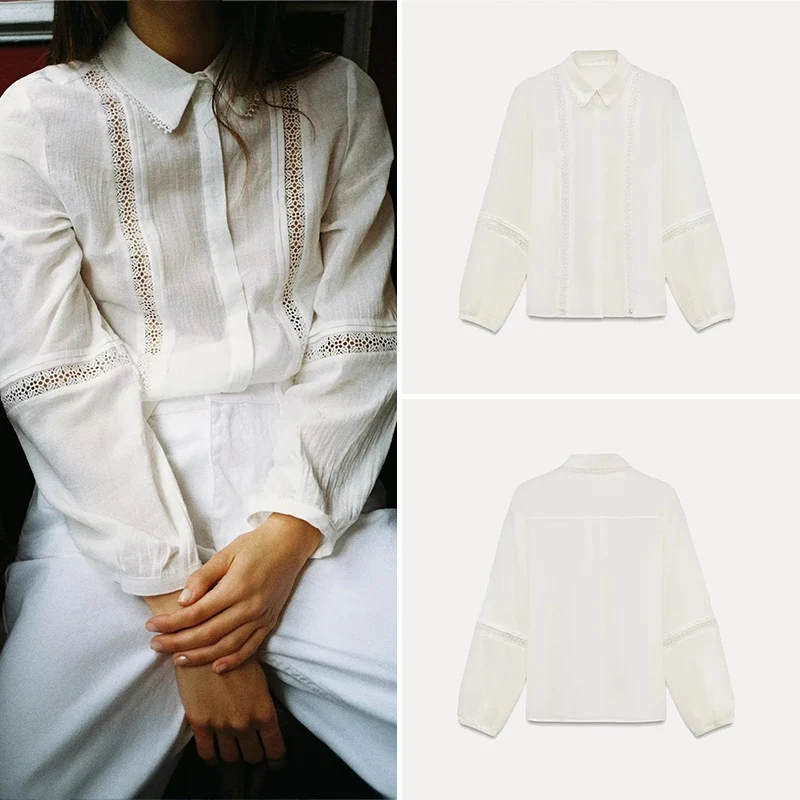 

Spring Women's Casual Decorative Collar irt Straight Hem Long Sve Versatile Polyester Fiber Pure Color Faion irt