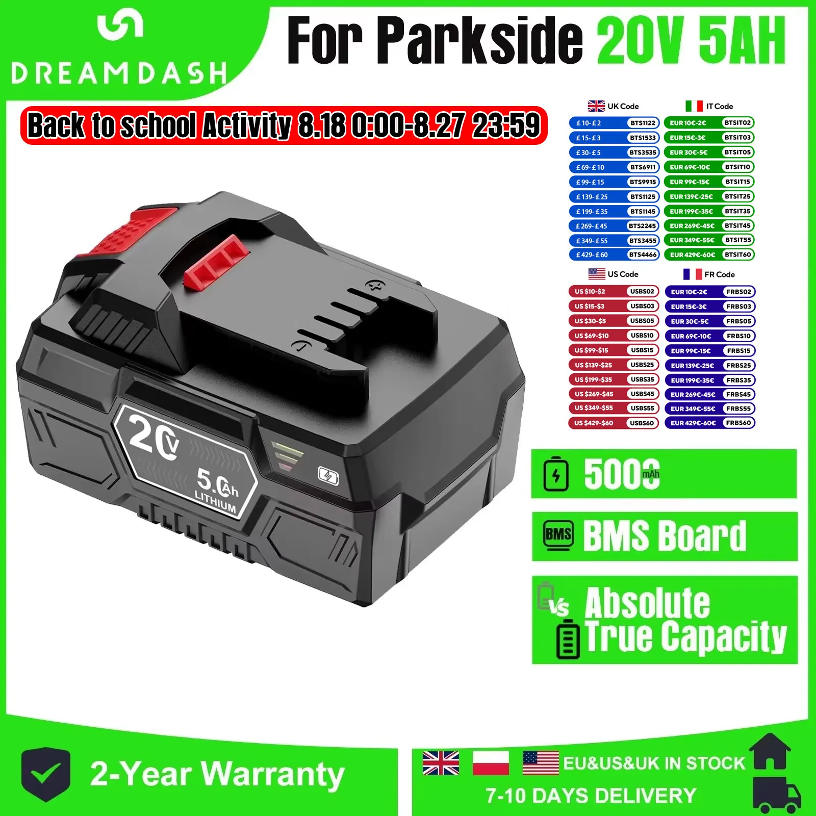 

Dreamdash 20 В 5 Ач Сменный литий-ионный аккумулятор для аккумуляторных инструментов Parkside 20 В Team для PAP 20 B3 PAP 20 A3PAPS 208 A1