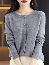 Pull en cachemire à col rond pour femme, cardigan 100% laine mérinos, tricots d'automne et d'hiver, haut tendance décontracté pour femme, document solide