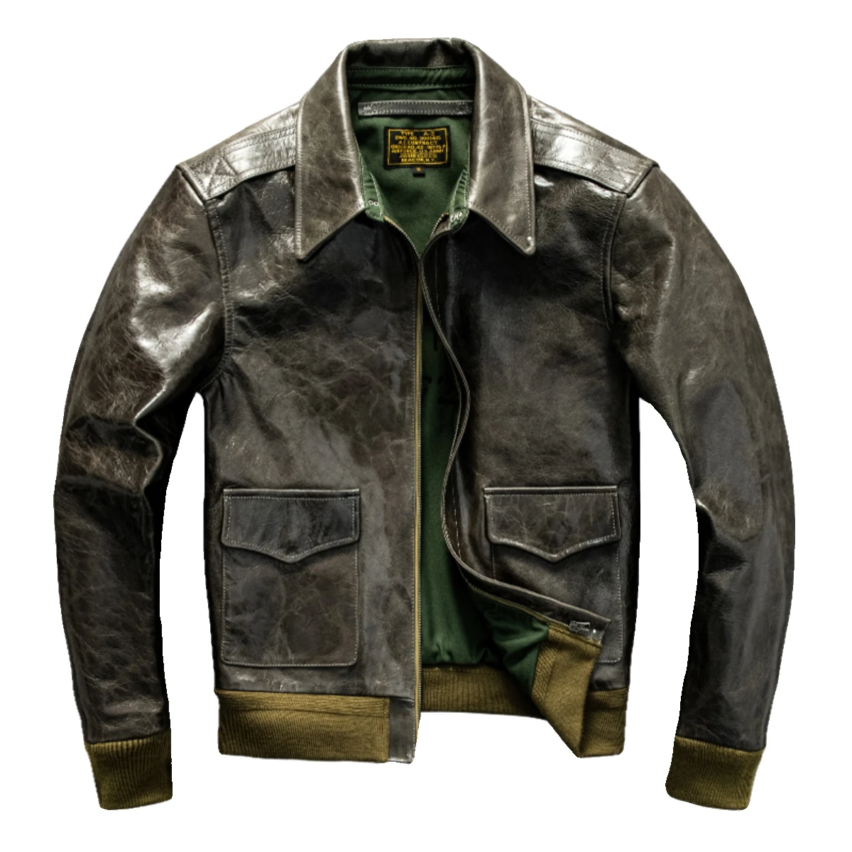 Olive Green Autumn A2 Pilot Leather Jacket Men Military Style Plus Size 5XL Natural Sheepskin Aviation Genuine Leather Coat