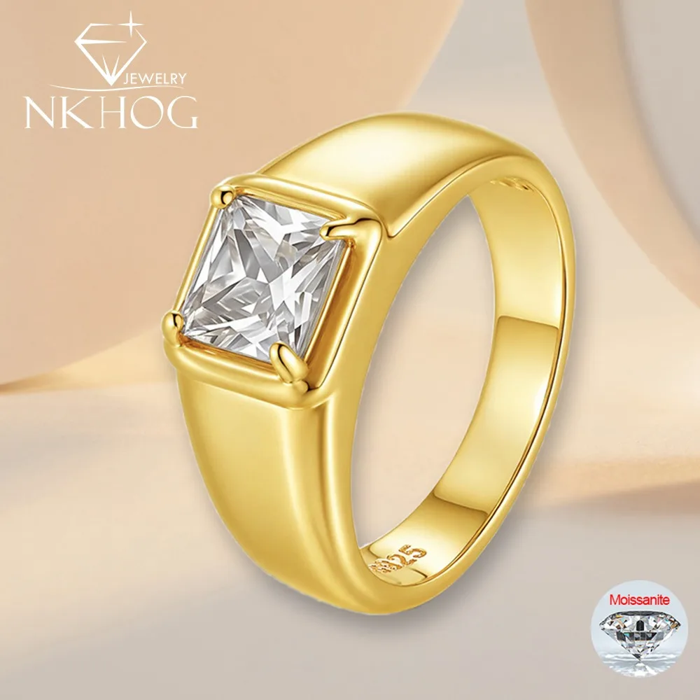 

NKHOG 2CT Princess Cut Moissanite Rings For Men 100% S925 Silver Luxury Wedding Square Diamond Band 18K Plated Fine Jewelry GRA