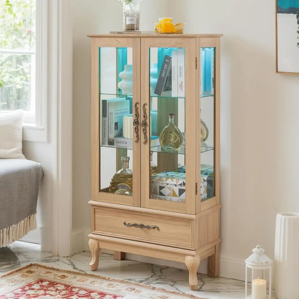 3-Tier Antique LED Accent Curio Cabinet with Tempered Glass Shelves, Acrylic Pane & 7 Color Lights, Light Oak Finish