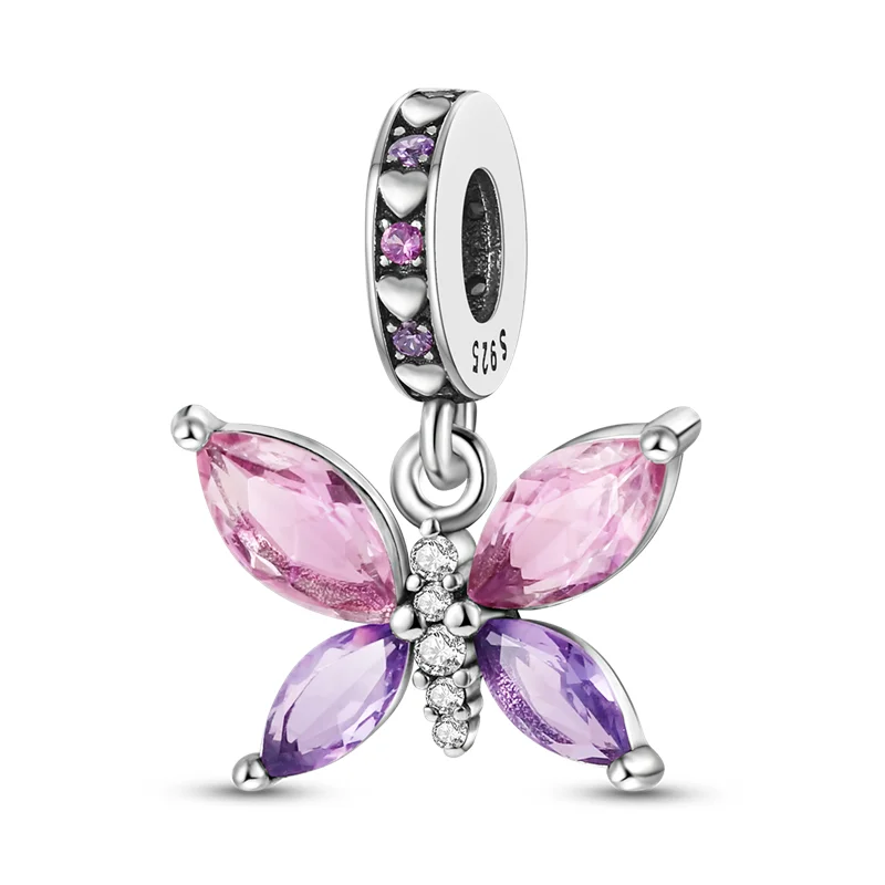 Women's Romantic 925 Sterling Silver Pink Flower Butterfly Set