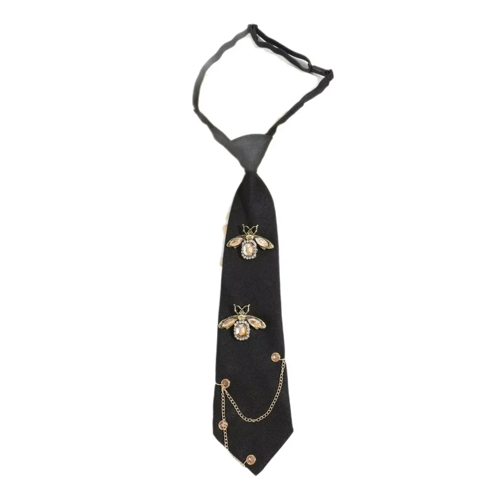 Korean Bee Metal Chain Pre Tied Necktie Glossy Ribbon Tie with Bee Badge JK College Style Shirt Collar Accessory