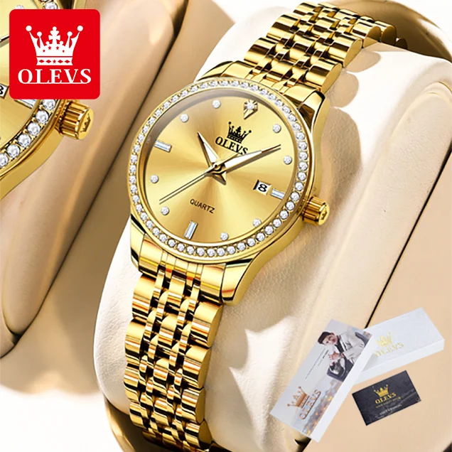 OLEVS-Montre à quartz étanche en acier inoxydable pour femme, diamant élégant, montre d'affaires de luxe, calendrier exquis pour fille, 3625