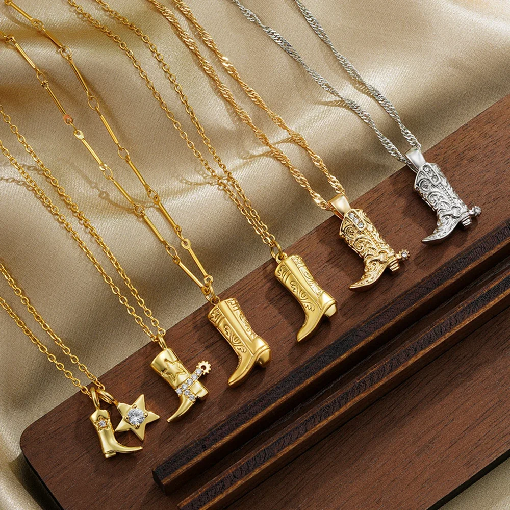 316 Stainless Steel Waterproof Denim Boots Pendant Necklace Cool Cowgirl Cowboy Boot Hat 18K Gold Plated Collar Necklaces Gifts