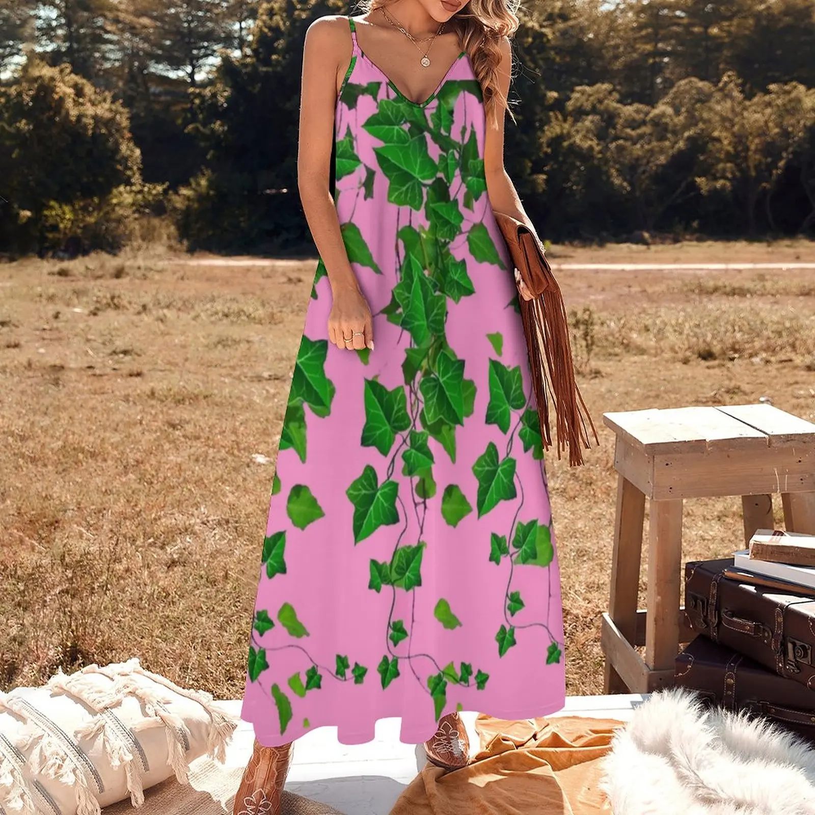 GREEN IVY HANGING LEAVES VINES PINK ART Sleeveless Dress women\'s summer clothing 2024 Prom gown Woman dresses