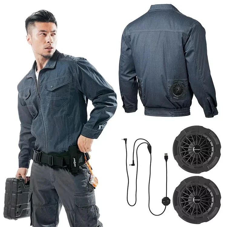 Summer workwear men's denim fan cooling jacket for high temperature worker unisex