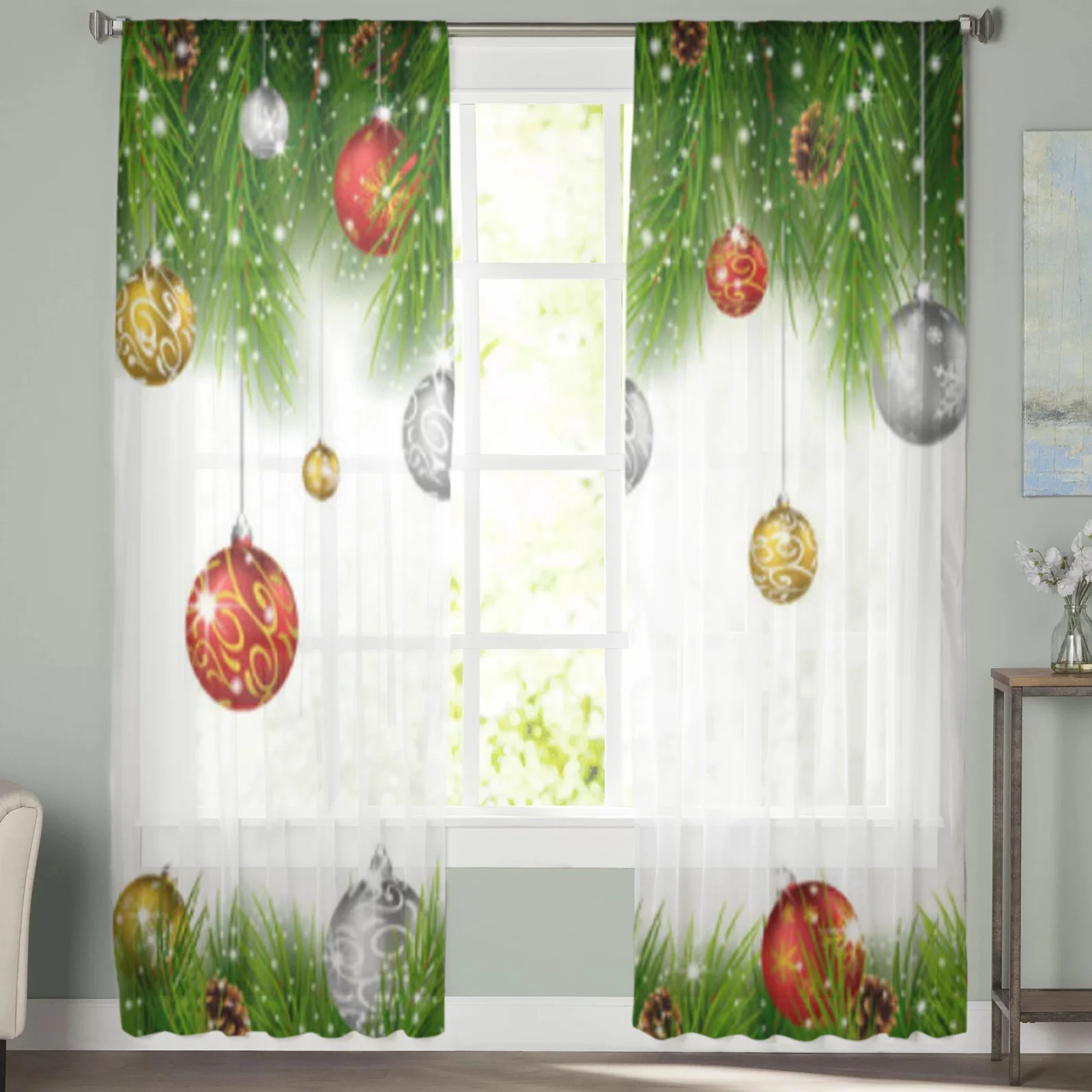 Christmas Fir Tree Branches Sheer Curtains For Living Room Bedroom Balcony Transparent Window Blinds Kitchen Drapes