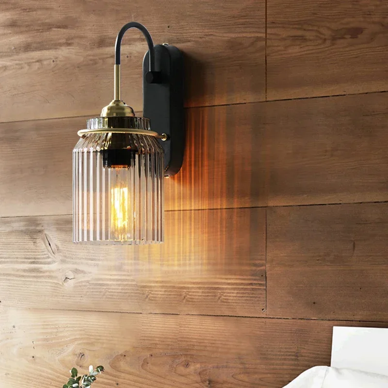 

American Retro Industrial Wall Lamps LED Light Wave Glass Lampshade Bedside Corridor Living Room Restaurant Copper Base Sconces