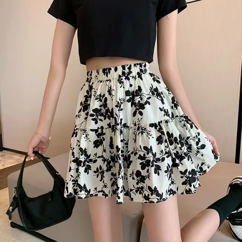 

White Black Chiffon Floral Short Skirt Summer A-line High Waist Holiday Beach Casual Skirt Women