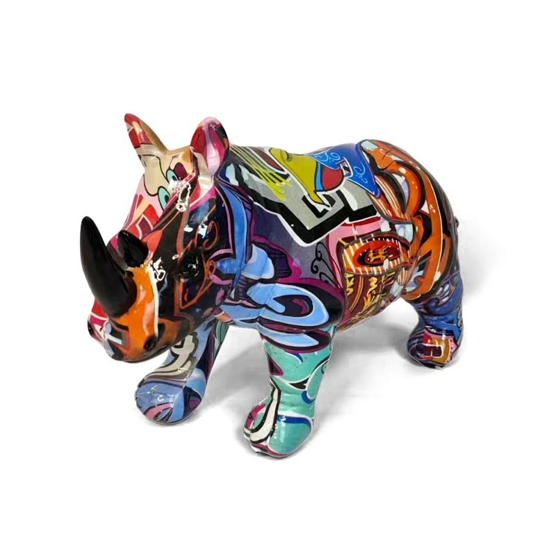 Noric Color Rhinoceros Statue Abstract Graffiti Animal Model Rhino Resin Sculpture Home Office Crafts Decors Desktop Ornaments