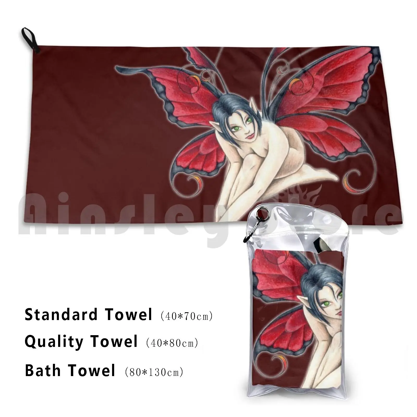 Little Red Fae '03 Beach Towel Quick Dry Quality Towel Sharptattoos Faery Sharp Red Fairy Fae Green Black Innocent Cute