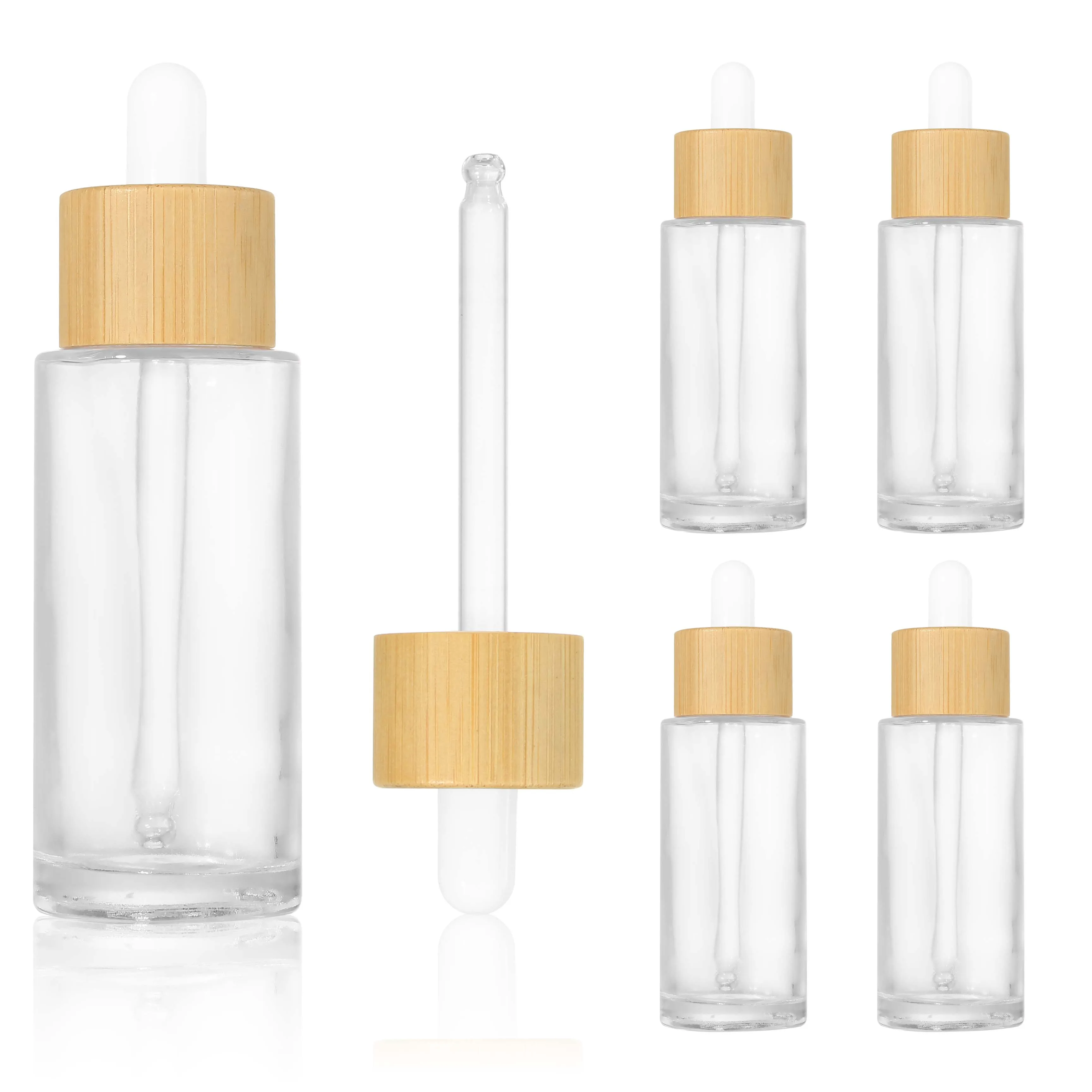 5 PCS Empty 50ml Clear Glass Bottles With Wood Bamboo Dropper Lids For Serum and Essential Oil DIY Cosmetics Oils Container