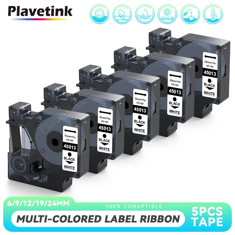 PLAVETINK 5x ใช้งานร่วมกับ Dymo 45013 D1 LM210D LM420P LM360D สีดำบนสีขาว12Mm * 7M เครื่องทำฉลากเครื่องพิมพ์ริบบิ้น