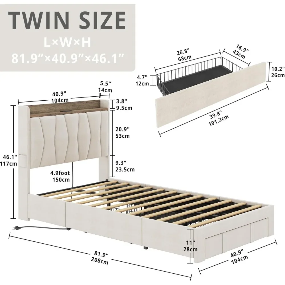 Twin Bed Frame with 3 Drawers, Upholstered Platform Bed with Storage Headboard and Charging Station, No Box Spring Needed