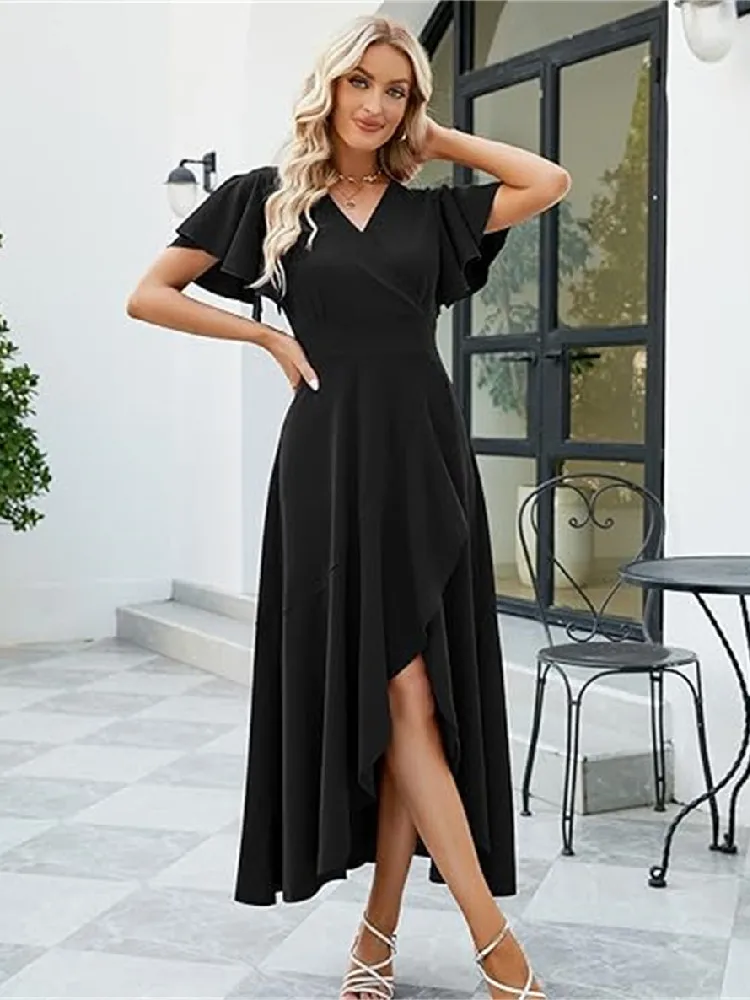 

MisShow Flare Sleeve High Low Black Gothic Maxi Dress Summer Beach Party Dresses Sexy Leg Slit Evening Prom Dress Steampunk Traf