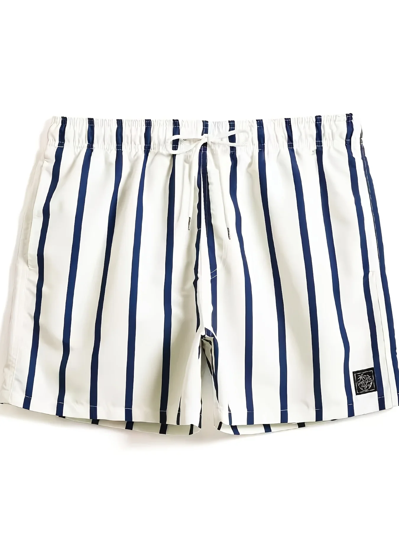 Men White Navy Vertical Striped Quick Dry Swim Trunks Drawstring Elastic Waist Beach Surf Bathing Shorts With Side Pockets
