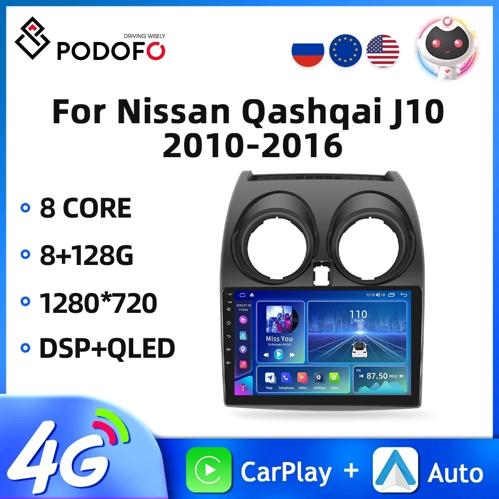 Podofo 2din Android Auto Radio For Nissan Qashqai J10 2006-2016 Video Player Navigation GPS Stereo Auto Carplay 2 Din Autoradio