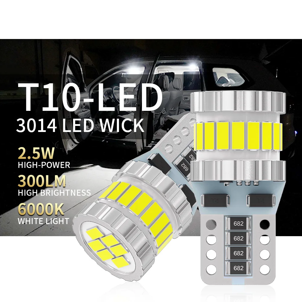 2PCS Super Bright T10 LED W5W 194 Car Interior Side Light CANBUS No Error 12V 2.5W 300LM 3014 Chip 24 SMD Auto Bulb White 6000K