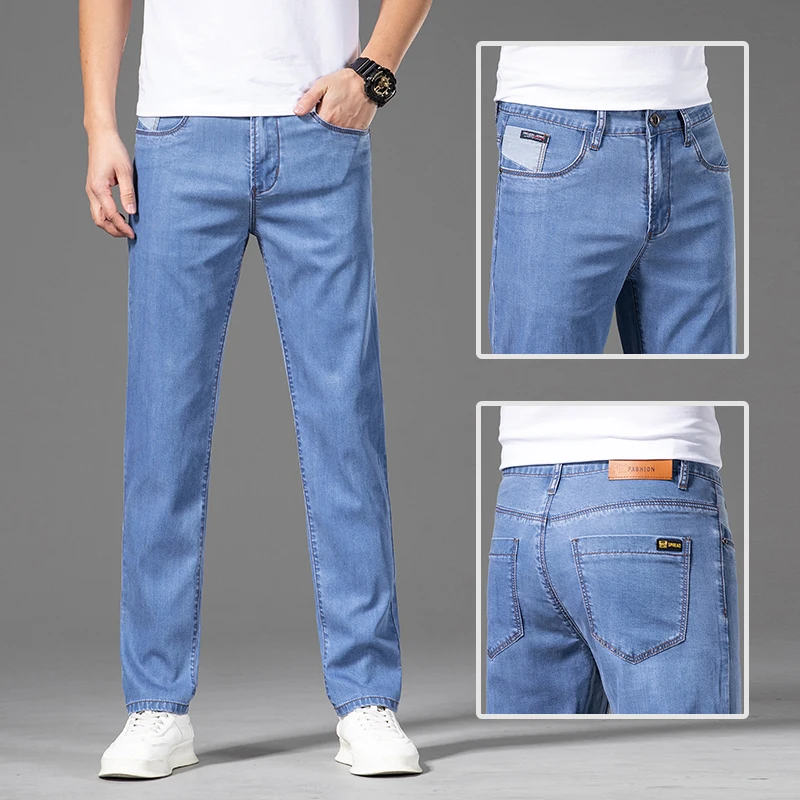 2023 Lyocell Material Spring Summer New Men's Slim Straight Thin Denim Jeans Business Classic Elastic Lightweight Basic Trousers