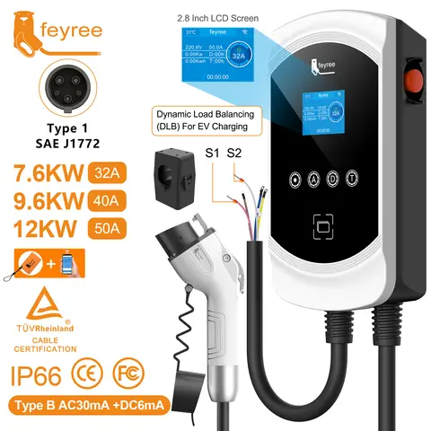 Feyree DLB 기능 EV 충전기 Type1 EVSE Wallbox 32A 7.6KW 40A 9.6KW 50A 12KW 1P j1772 전기 자동차 용 어댑터 APP 제어