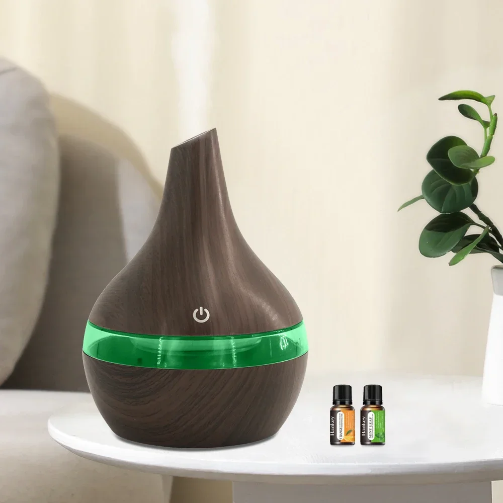 300 ml houtnerf etherische olie diffuser USB-luchtbevochtiger, automatische uitschakeling, stil, BPA-vrij, 2 oliën