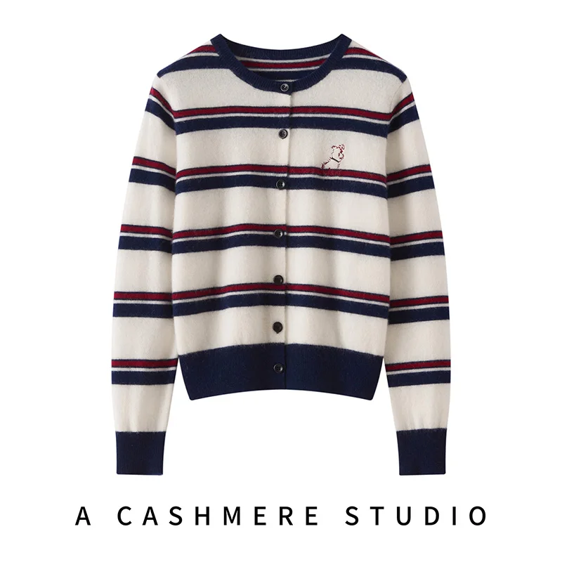 Autumn Winter New 100% Cashmere Cardigan Women Striped Outer Embroidered Puppy Sweater Women Knitted Cardigan Round Neck Coat